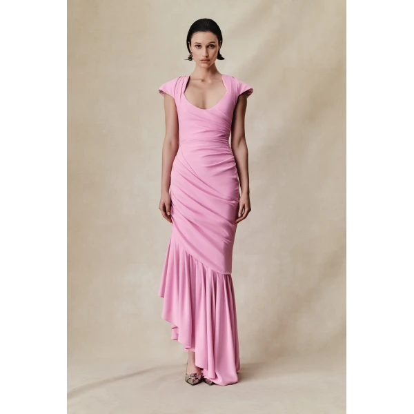 viscose crepe asymmetric maxi dress with draping