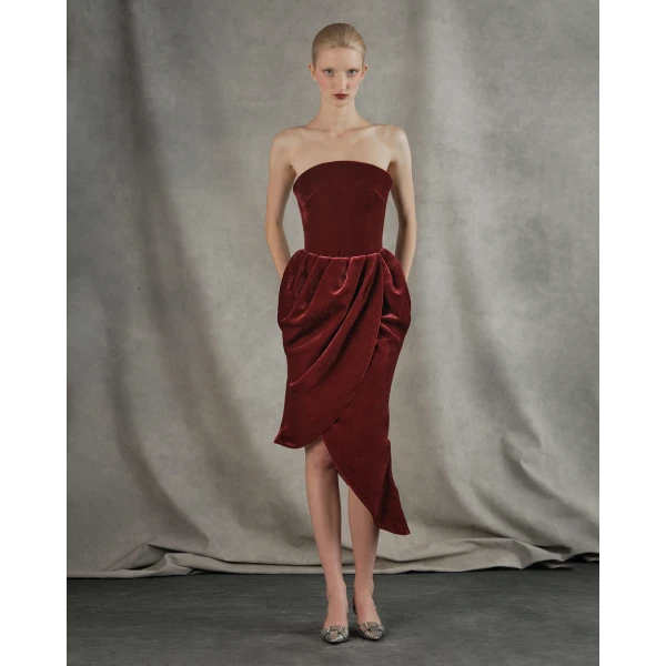 asymmetrical velvet corset midi dress