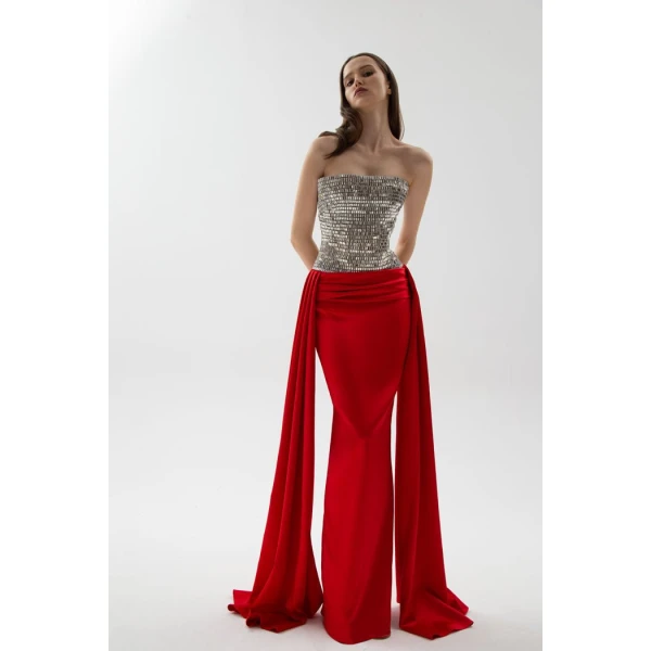 crystal embellished corset satin dress with a train