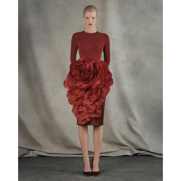 knit midi dress with a silk organza flower