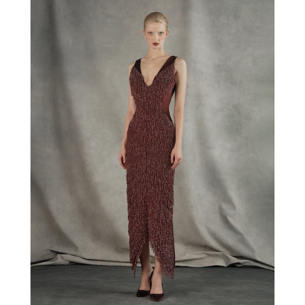 satin midi dress with fringe trim