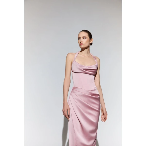 draped satin gown with straps