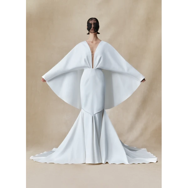 satin maxi dress with butterfly sleeves and train