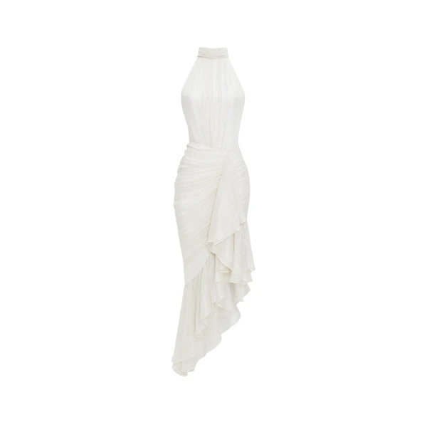 silk chiffon and lurex maxi dress with asymmetric ruffles