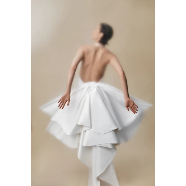 structured satin maxi dress with detachable butterfly train