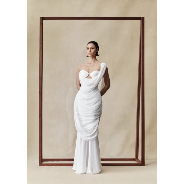 viscose and silk corset maxi dress with draping