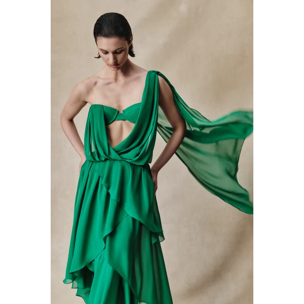 chiffon asymmetric maxi dress with draping