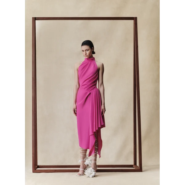 viscose crepe midi dress with draping