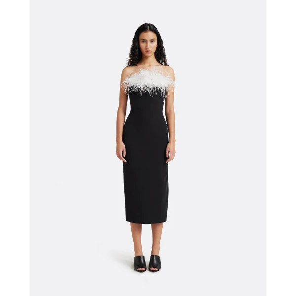 Safiyaa Aerine Midi Dress in Black with Feathers - Dresses - Demi-Couture Evening Wear at Luxury Shoes 