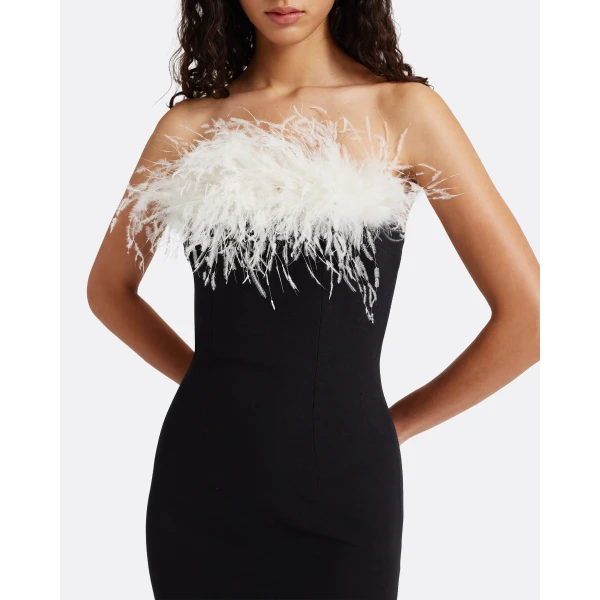 Safiyaa Aerine Midi Dress in Black with Feathers - Dresses - Demi-Couture Evening Wear at Luxury Shoes 