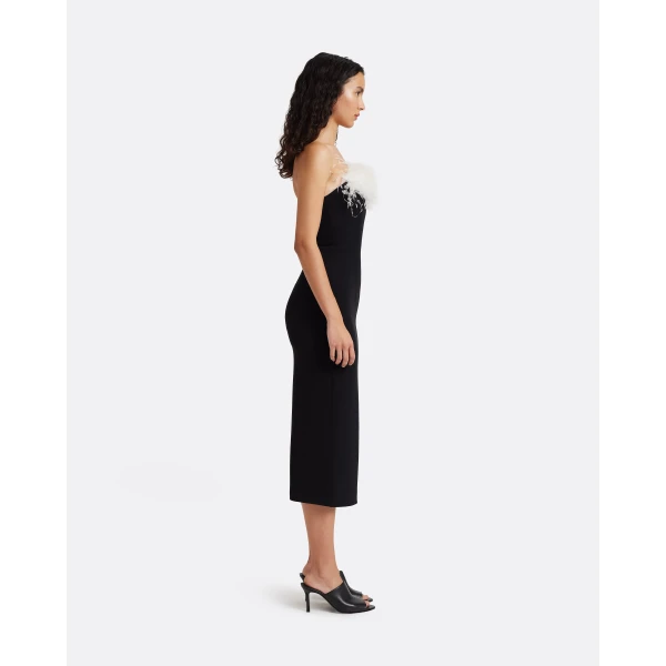 Safiyaa Aerine Midi Dress in Black with Feathers - Dresses - Demi-Couture Evening Wear at Luxury Shoes 
