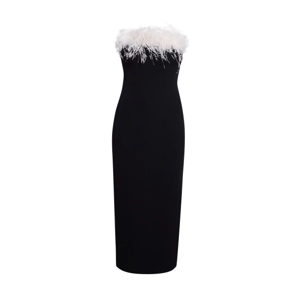 Safiyaa Aerine Midi Dress in Black with Feathers - Dresses - Demi-Couture Evening Wear at Luxury Shoes 