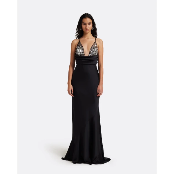 Safiyaa Asia Long Dress in Black with Crystal Embroidery - Dresses - Demi-Couture Evening Wear at Luxury Shoes 