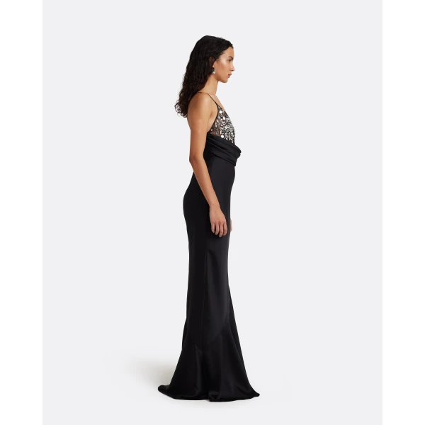 Safiyaa Asia Long Dress in Black with Crystal Embroidery - Dresses - Demi-Couture Evening Wear at Luxury Shoes 
