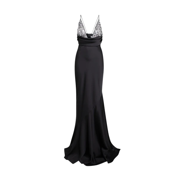 Safiyaa Asia Long Dress in Black with Crystal Embroidery - Dresses - Demi-Couture Evening Wear at Luxury Shoes 