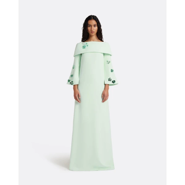 Safiyaa Cielle Long Dress with Pheobe Harness in Sea Glass - Dresses - Demi-Couture Evening Wear at Luxury Shoes 