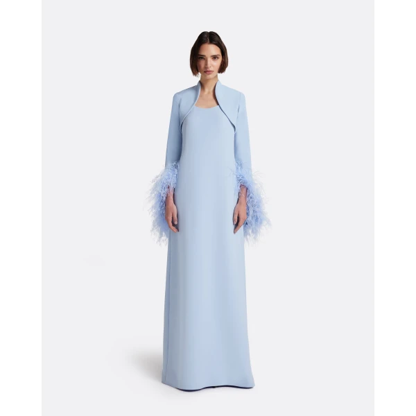 Safiyaa Elise Harness with Maddison Long Dress in Soft Sky with Feathers - Dresses - Demi-Couture Evening Wear at Luxury Shoes 