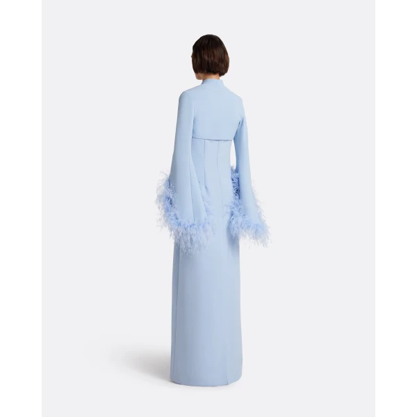 Safiyaa Elise Harness with Maddison Long Dress in Soft Sky with Feathers - Dresses - Demi-Couture Evening Wear at Luxury Shoes 