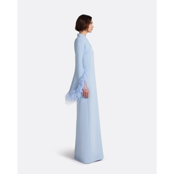 Safiyaa Elise Harness with Maddison Long Dress in Soft Sky with Feathers - Dresses - Demi-Couture Evening Wear at Luxury Shoes 