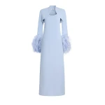 Safiyaa Elise Harness with Maddison Long Dress in Soft Sky with Feathers - Dresses - Demi-Couture Evening Wear at Luxury Shoes 