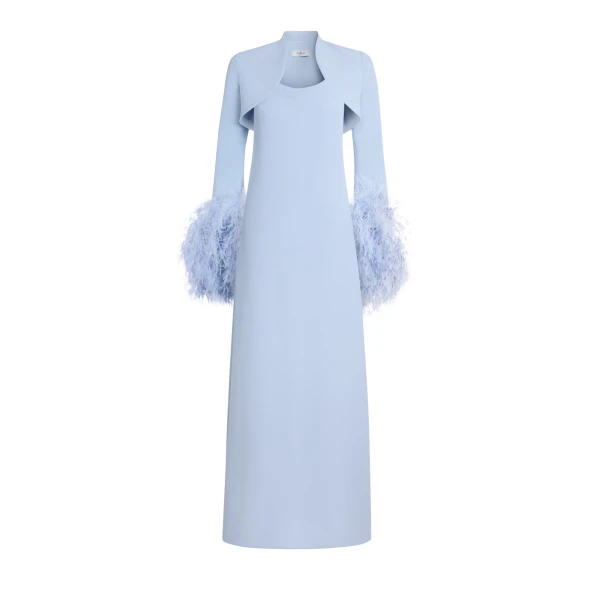Safiyaa Elise Harness with Maddison Long Dress in Soft Sky with Feathers - Dresses - Demi-Couture Evening Wear at Luxury Shoes 