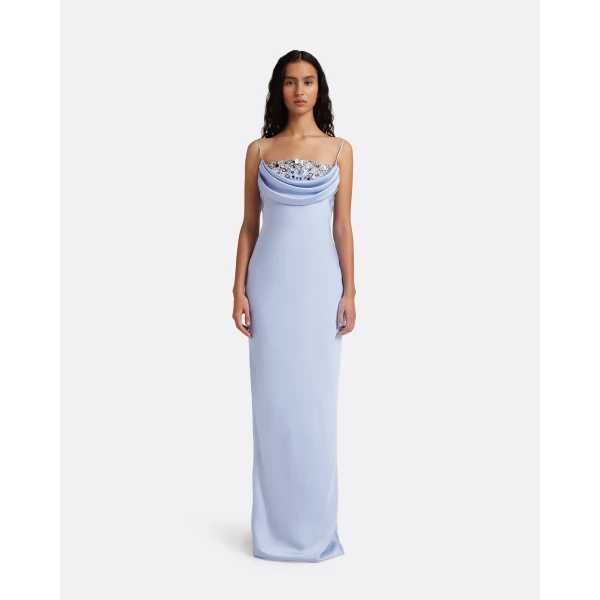 Safiyaa Jules Long Dress in Soft Sky with Crystal Embellishment - Dresses - Demi-Couture Evening Wear at Luxury Shoes 