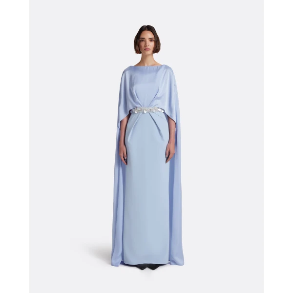 Safiyaa Mirabella Long Dress in Soft Sky with Embellished Belt - Dresses - Demi-Couture Evening Wear at Luxury Shoes 
