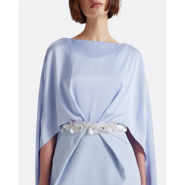 Safiyaa Mirabella Long Dress in Soft Sky with Embellished Belt - Dresses - Demi-Couture Evening Wear at Luxury Shoes 