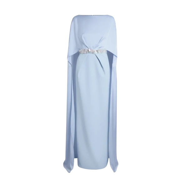 Safiyaa Mirabella Long Dress in Soft Sky with Embellished Belt - Dresses - Demi-Couture Evening Wear at Luxury Shoes 