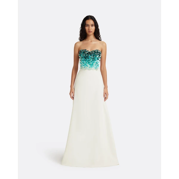 Safiyaa Siena Long Dress in Ivory with Blue Embroidery - Dresses - Demi-Couture Evening Wear at Luxury Shoes 