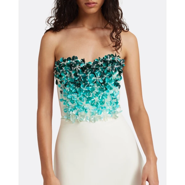 Safiyaa Siena Long Dress in Ivory with Blue Embroidery - Dresses - Demi-Couture Evening Wear at Luxury Shoes 