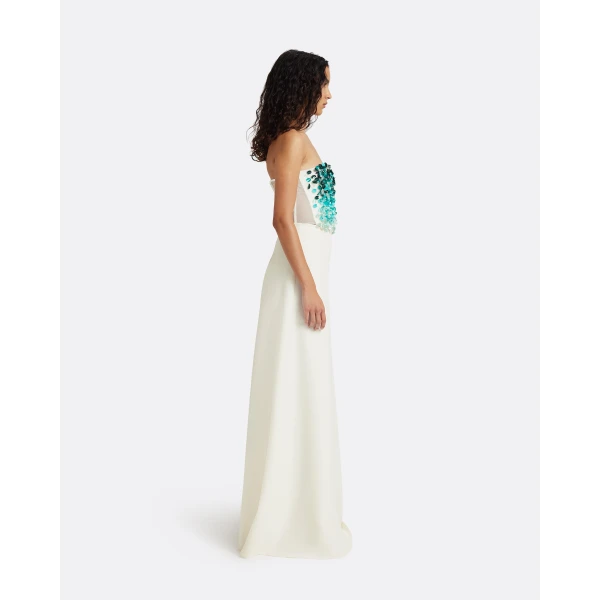 Safiyaa Siena Long Dress in Ivory with Blue Embroidery - Dresses - Demi-Couture Evening Wear at Luxury Shoes 
