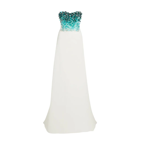 Safiyaa Siena Long Dress in Ivory with Blue Embroidery - Dresses - Demi-Couture Evening Wear at Luxury Shoes 