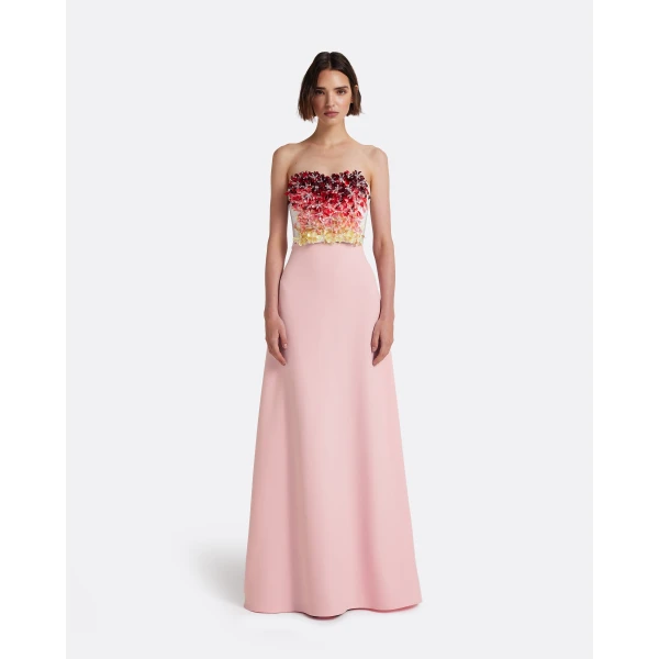 Safiyaa Siena Long Dress in Lychee with Pink Embroidery - Dresses - Demi-Couture Evening Wear at Luxury Shoes 