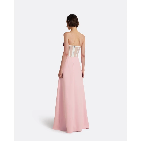 Safiyaa Siena Long Dress in Lychee with Pink Embroidery - Dresses - Demi-Couture Evening Wear at Luxury Shoes 