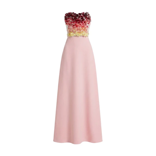 Safiyaa Siena Long Dress in Lychee with Pink Embroidery - Dresses - Demi-Couture Evening Wear at Luxury Shoes 
