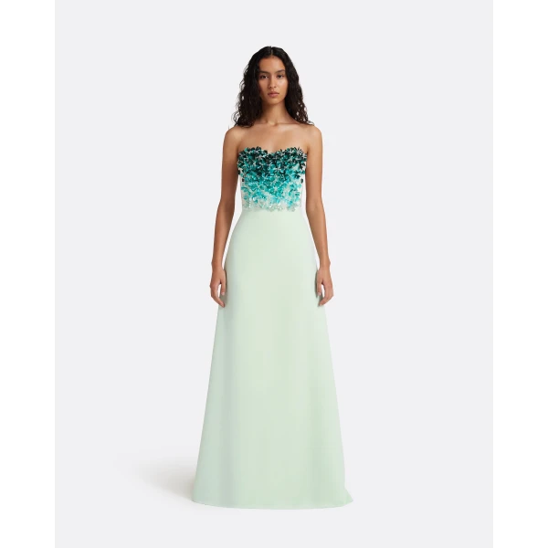 Safiyaa Siena Long Dress in Sea Glass with Blue Embroidery - Dresses - Demi-Couture Evening Wear at Luxury Shoes 