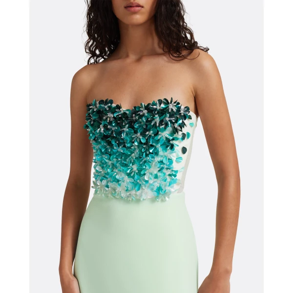 Safiyaa Siena Long Dress in Sea Glass with Blue Embroidery - Dresses - Demi-Couture Evening Wear at Luxury Shoes 