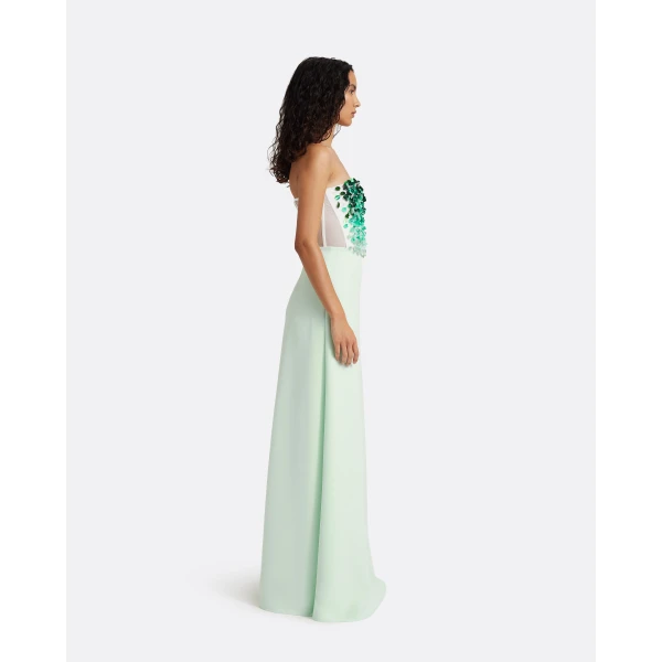 Safiyaa Siena Long Dress in Sea Glass with Blue Embroidery - Dresses - Demi-Couture Evening Wear at Luxury Shoes 