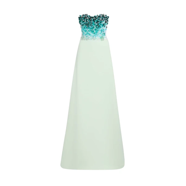 Safiyaa Siena Long Dress in Sea Glass with Blue Embroidery - Dresses - Demi-Couture Evening Wear at Luxury Shoes 