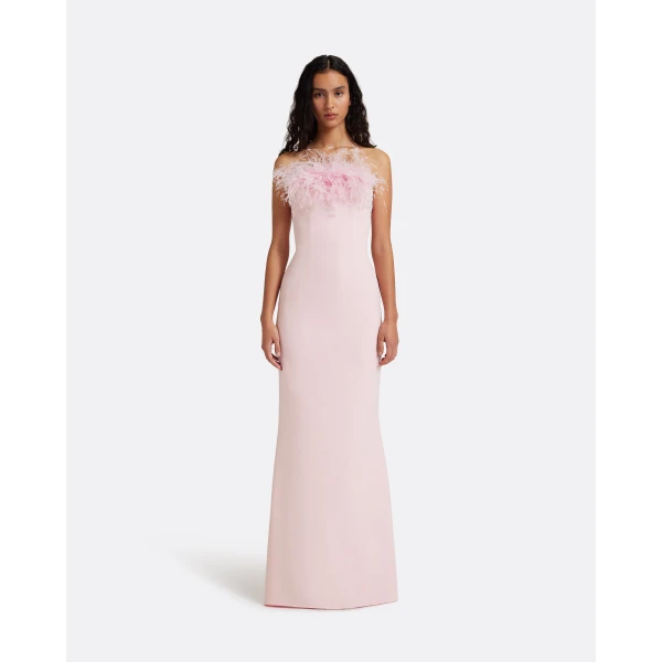 Safiyaa Soshin Long Dress in Lychee with Feathers - Dresses - Demi-Couture Evening Wear at Luxury Shoes 
