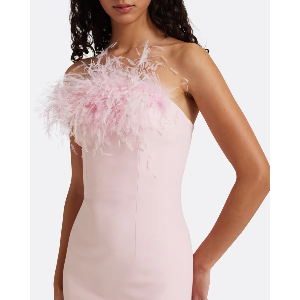 Safiyaa Soshin Long Dress in Lychee with Feathers - Dresses - Demi-Couture Evening Wear at Luxury Shoes 