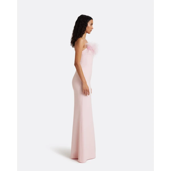 Safiyaa Soshin Long Dress in Lychee with Feathers - Dresses - Demi-Couture Evening Wear at Luxury Shoes 