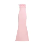 Safiyaa Soshin Long Dress in Lychee with Feathers - Dresses - Demi-Couture Evening Wear at Luxury Shoes 
