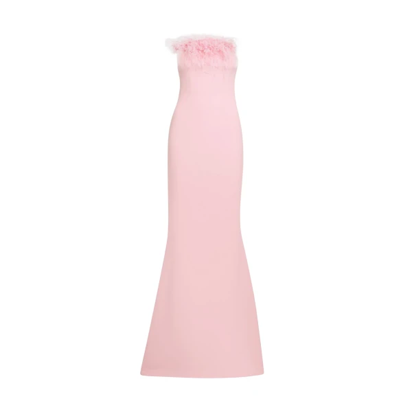 Safiyaa Soshin Long Dress in Lychee with Feathers - Dresses - Demi-Couture Evening Wear at Luxury Shoes 