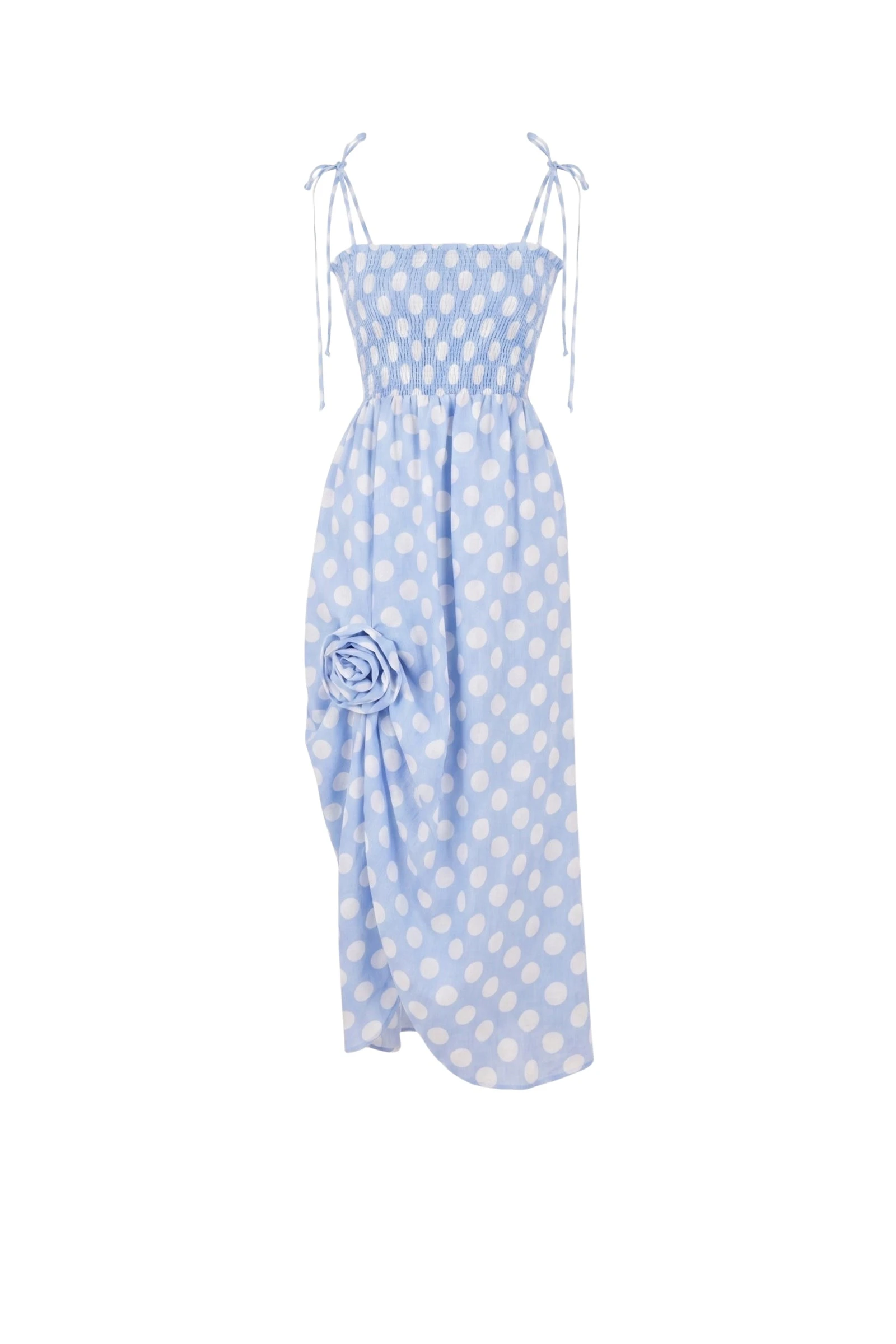 Sleeper-Atlanta-Strap-Dress-with-Rose-in-White-on-blue-polka-dot29836_nobg Sleeper dress