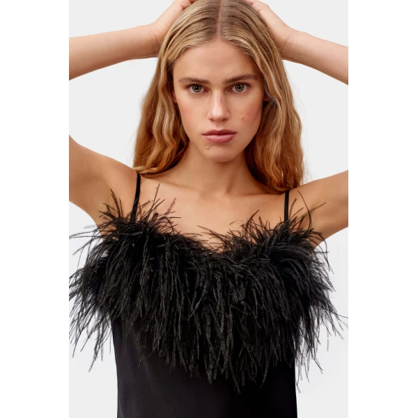 boheme mini slip dress with feathers in black