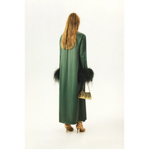 suzi maxi dress with detachable feathers in green