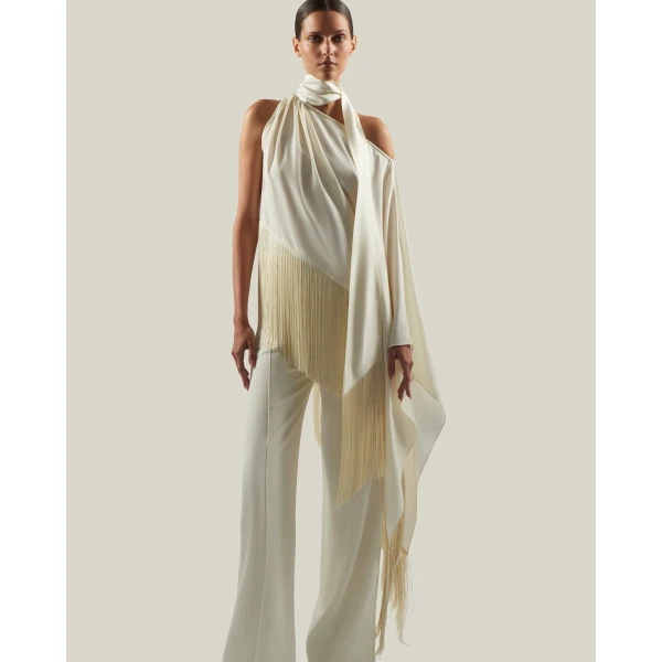 Taller Marmo Fringed Atlas Blouse - Tops - Italian Luxury Evening Wear at Luxury Shoes 