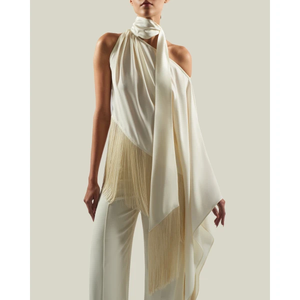 Taller Marmo Fringed Atlas Blouse - Tops - Italian Luxury Evening Wear at Luxury Shoes 